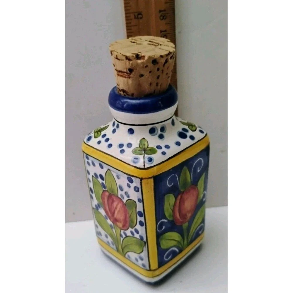 Ceramiche Giacomini Deruta Italy Hand Painted Ceramic Oil Cruet Bottle Cork
